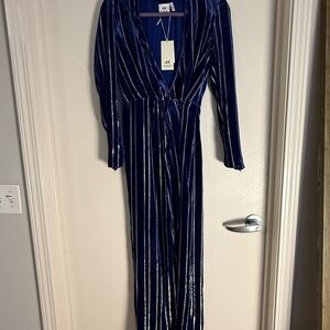 H&M Royal Blue Velvet Jumpsuit with Metallic Stripes